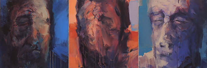 paintings by Eoin Mac Lochlainn of battered heads for anti-war exhibition