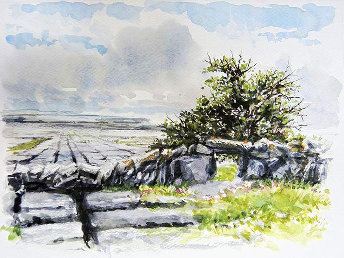 watercolour by Eoin Mac Lochlainn of Burren landscape