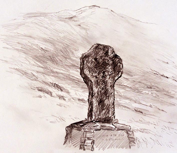 drawing by Eoin Mac lochlainn of famine memorial cross in Doolough, Co.Mayo 